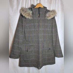 Anne Klein Women's Brown Plaid 100% Vingin Wool Toggle Coat size 14